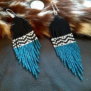 Blue and Black Tribal Fringe Earrings